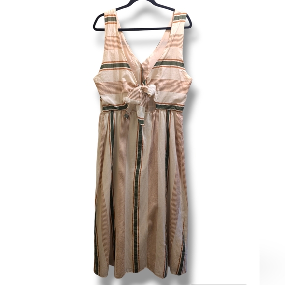 Zara Striped Rustic Dress Linen Button Front Pockets Self-tie Open Back- L/12 - Picture 4 of 16